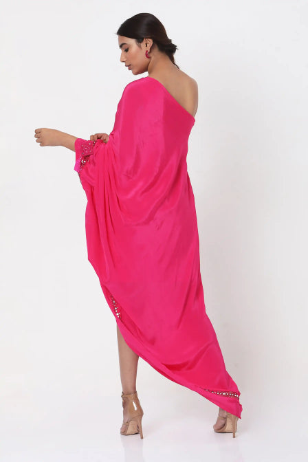 Women wear Pink Embroidered One Shoulder Kaftan