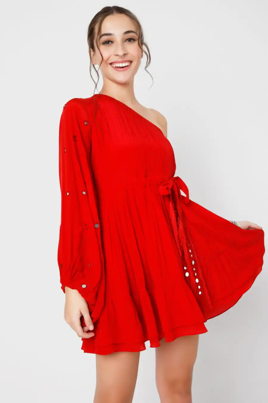 Red One Shoulder Dress With Mirror Work