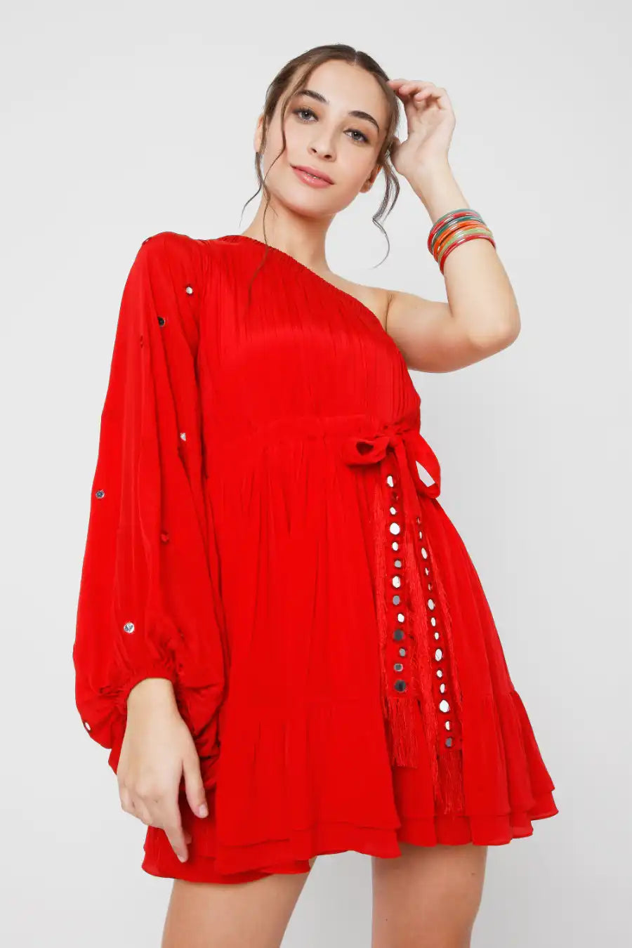 Red One Shoulder Dress With Mirror Work
