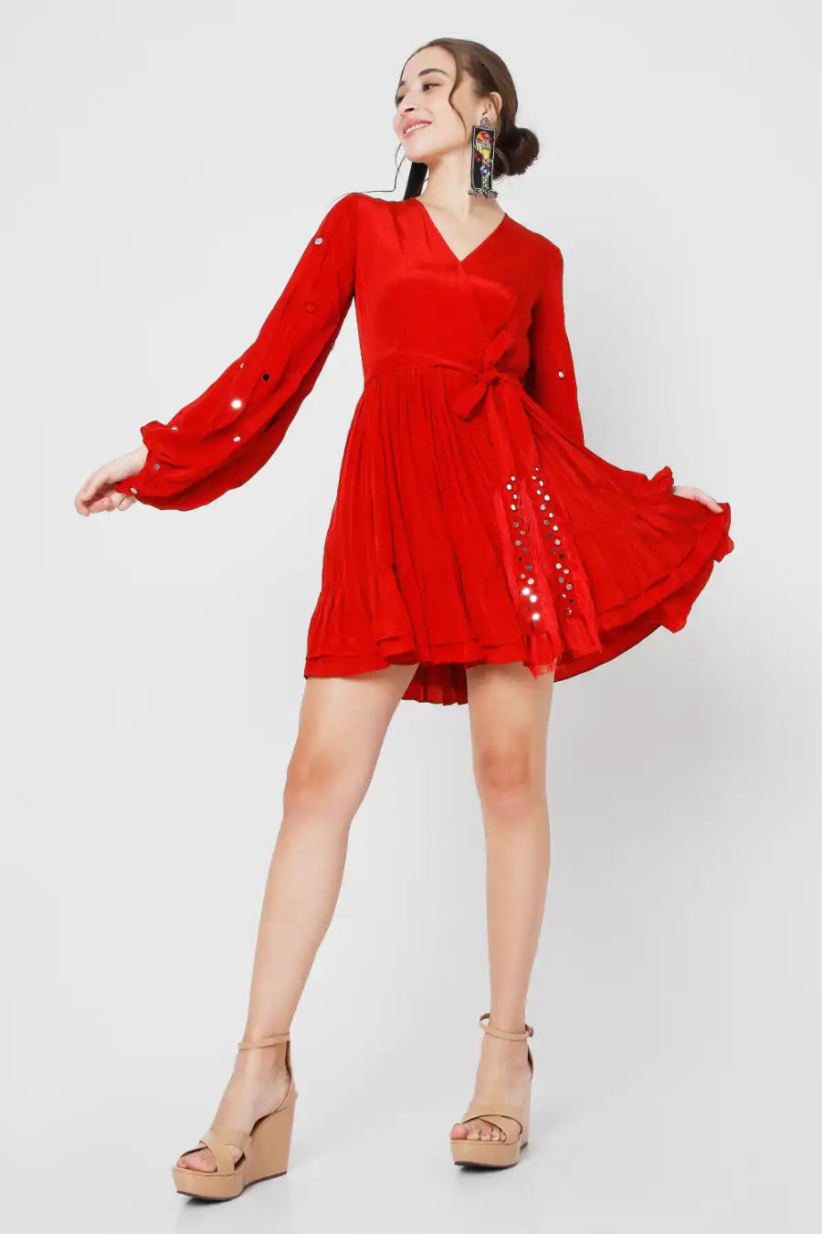 Red Wrap Dress With Mirror Work