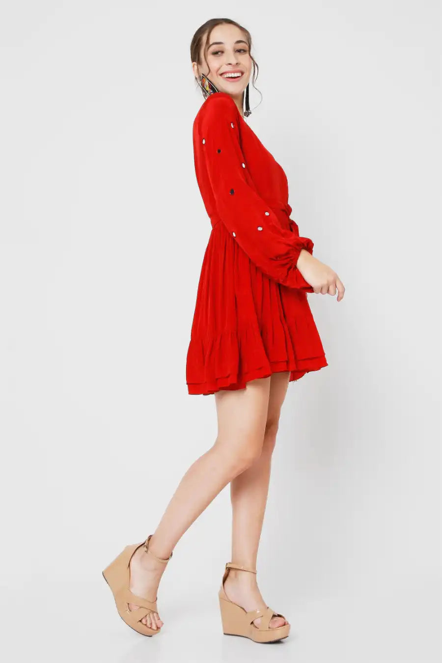 Red Wrap Dress With Mirror Work