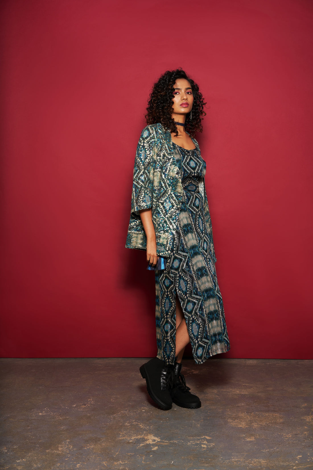 Blue Abstract Printed Wrap Duster with Belt