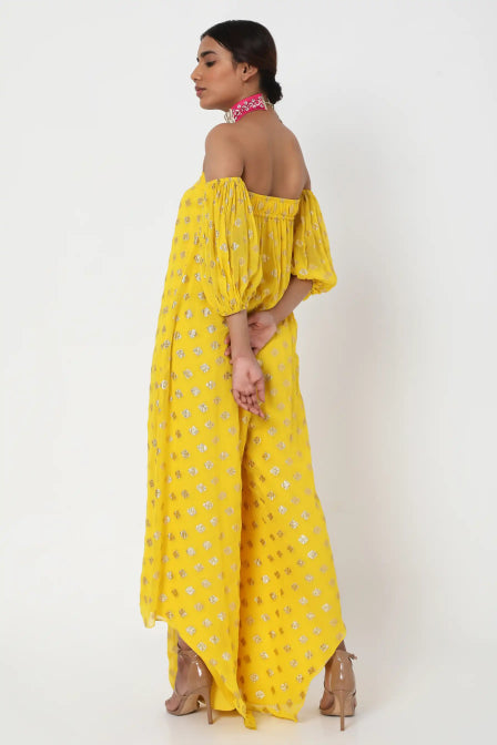 Yellow Embroidered Off Shoulder Jumpsuit