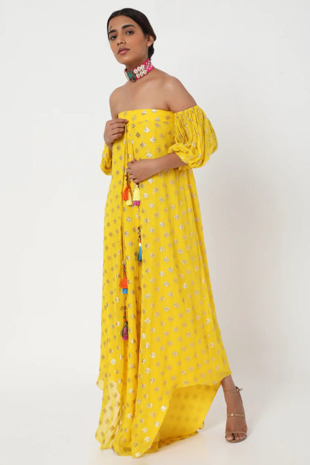 Yellow Embroidered Off Shoulder Jumpsuit