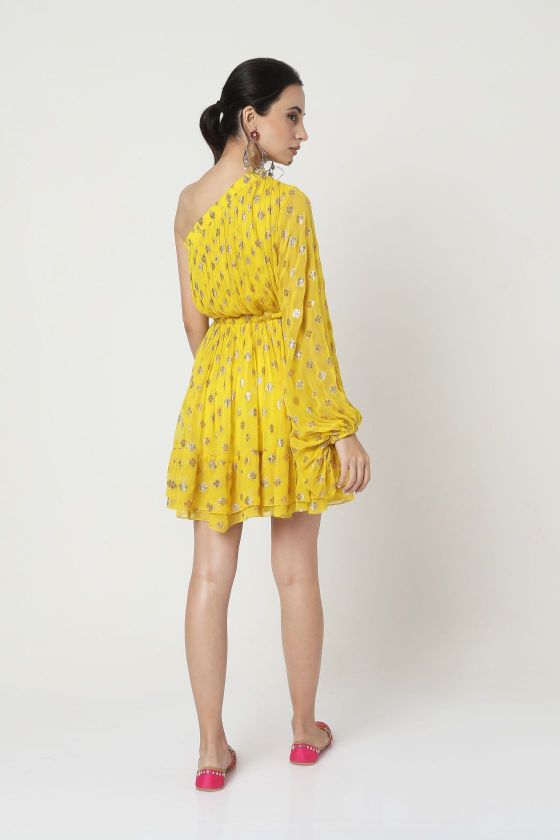 Yellow Embroidered One Shoulder Dress